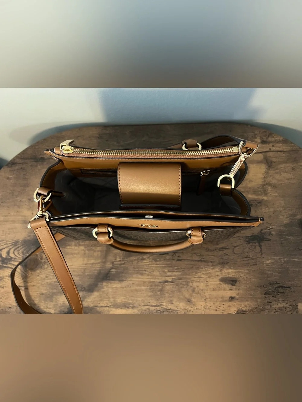 Michael Kors Brown and Tan Logo Crossbody Satchel